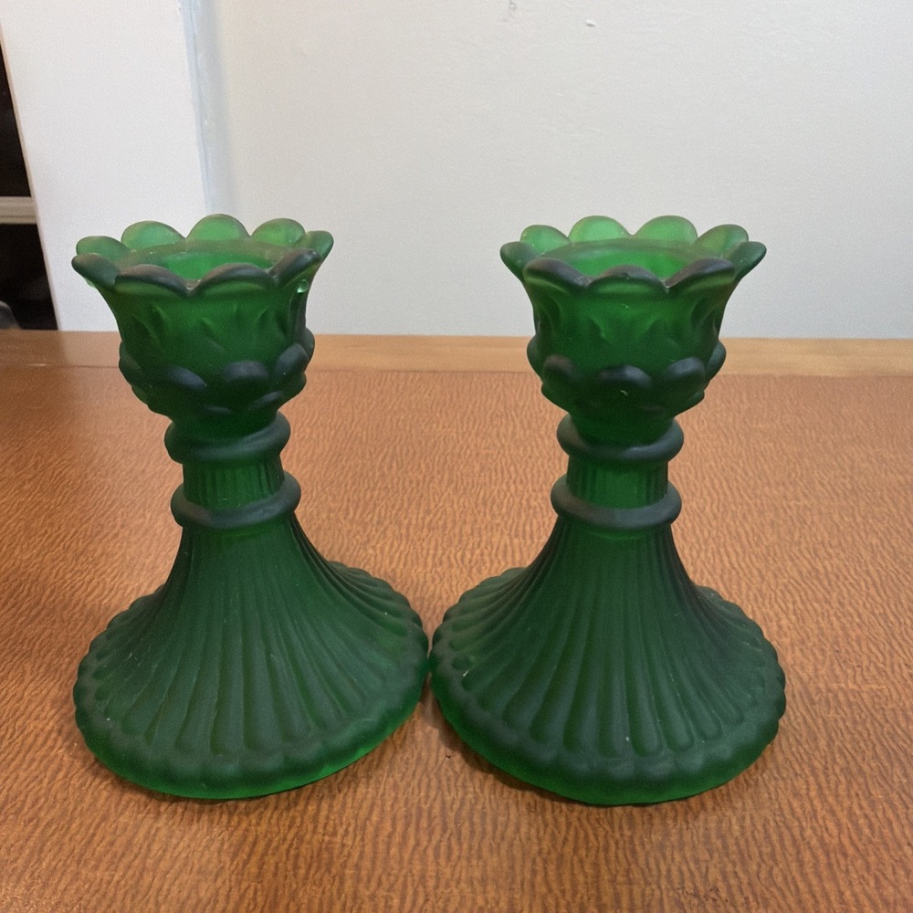 Vintage ART DECO Frosted Emerald Green Art Glass Tulip Candle Holders- Set Of 2